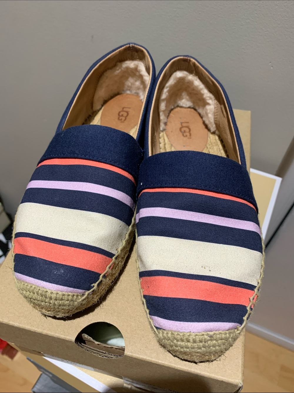 UGG Navy Stripe Canvas Espadrilles with Coral and Lavender Accents